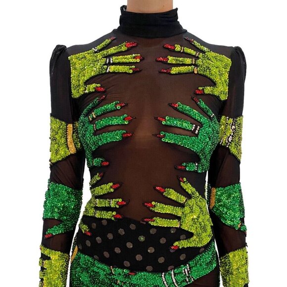 DISCOUNT UNIVERSE ELIXIR GREEN SEQUIN HANDS MINI MESH DRESS RAVE FESTIVAL PARTY - Picture 3 of 11